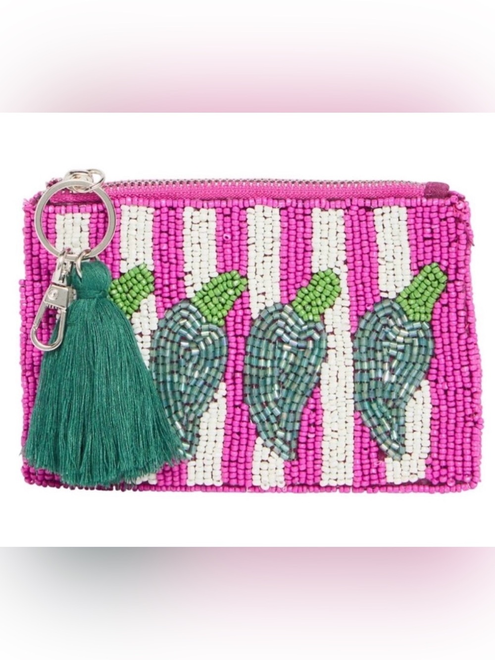 Pink White Stripe Beaded Chili Pepper Coin Purse Keychain Pouch Green Tassel
